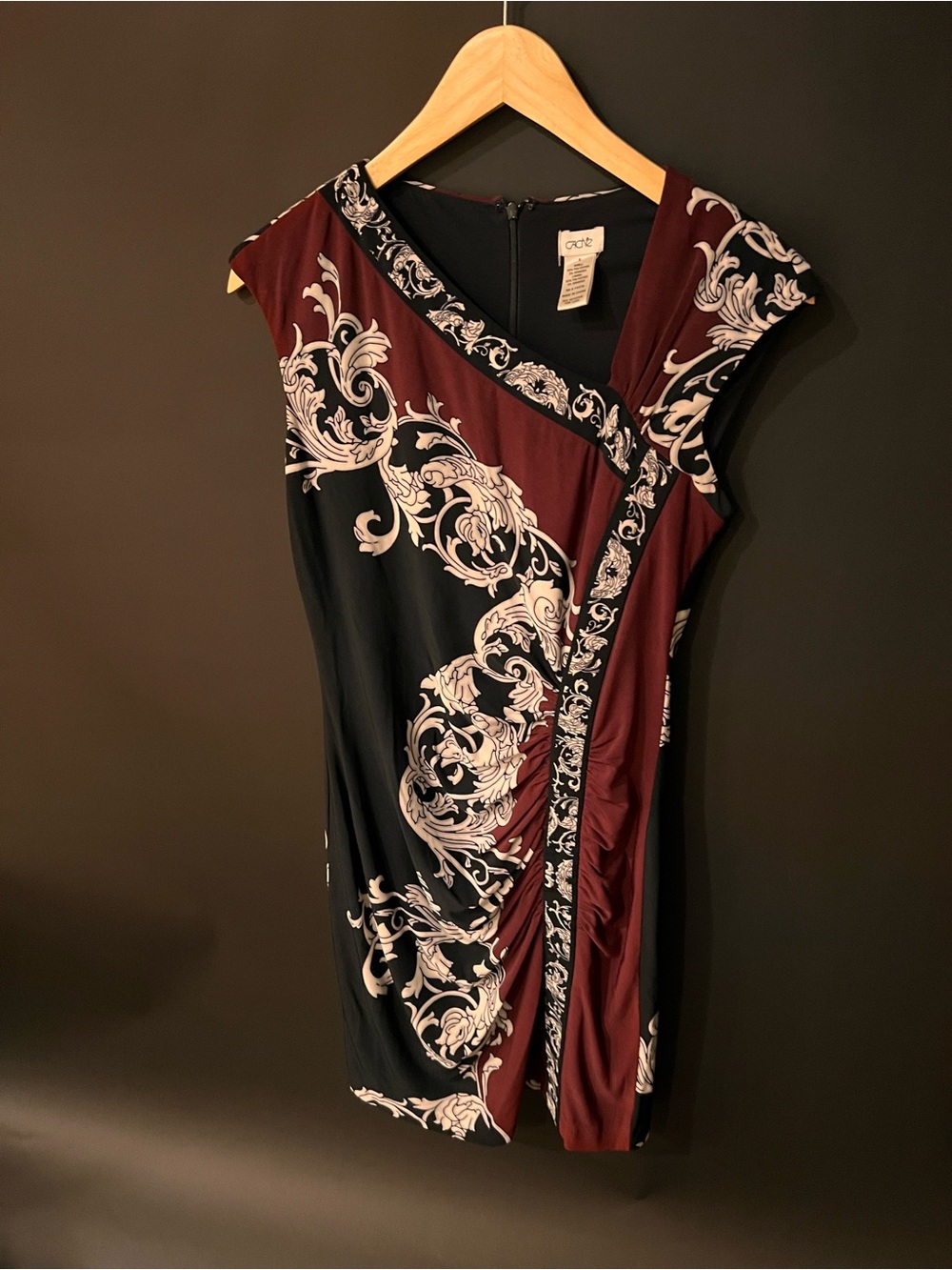 Cache Black and Burgundy Midi Dress with Scroll Print